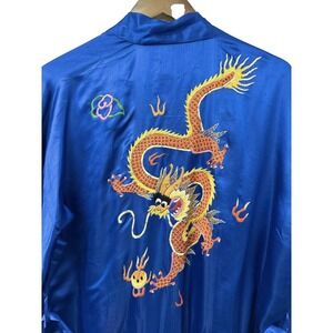 Vintage Golden Dragon Embroidered 100% Silk‎ Robe Blue L